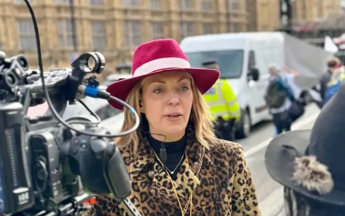 Victoria Buyer speaking to the media outside Westminster during the Providers Unite campaign.